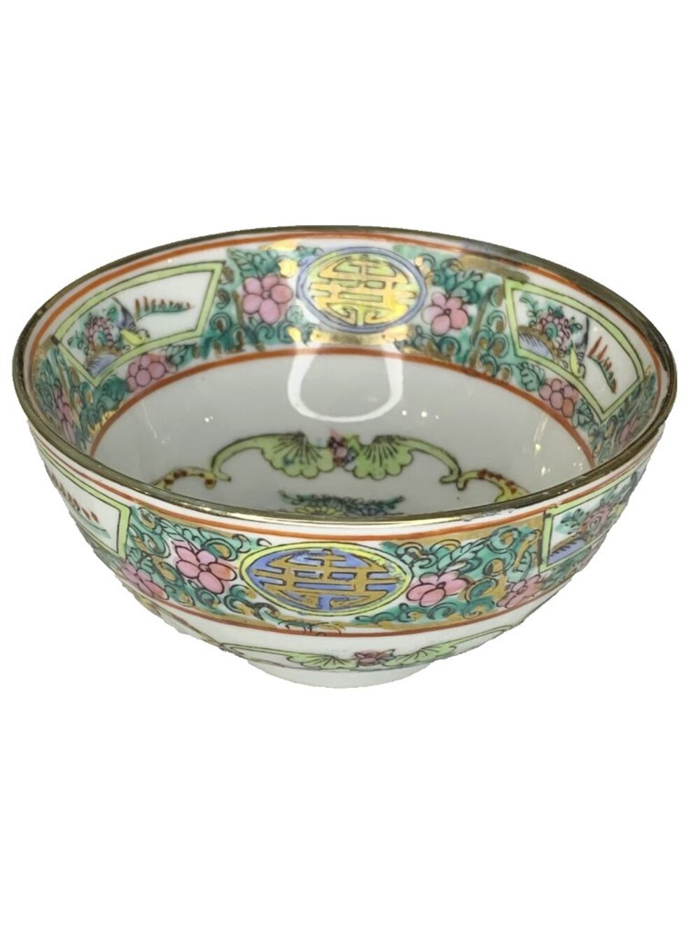 Vintage Famille Rose Bowl Hong Kong Porcelain Hand Painted Floral Butterfly Gold
